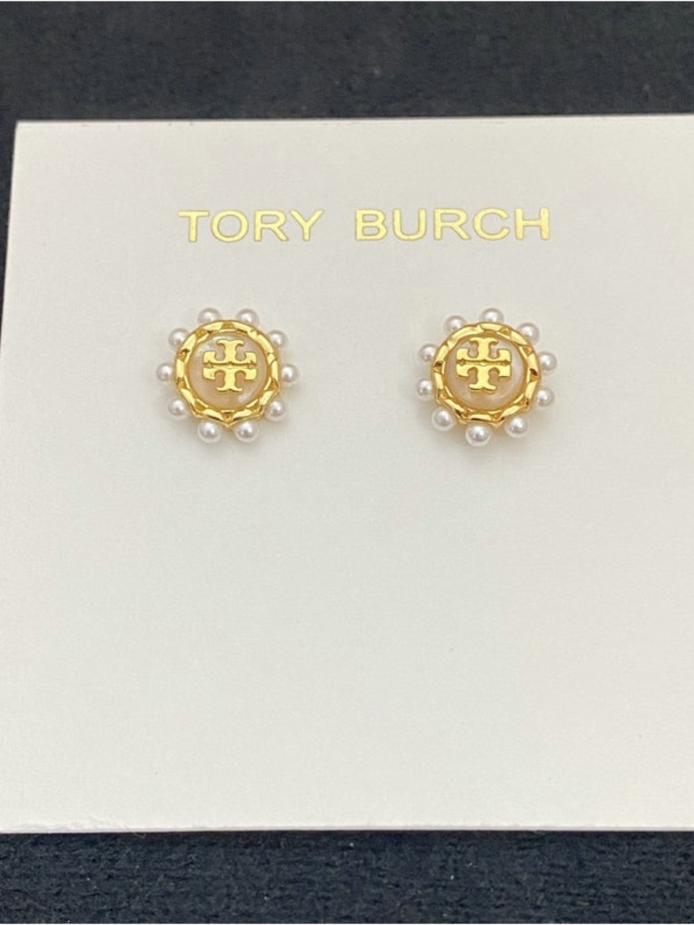 Tory Burch Gold Logo Pearl-Trim Stud Earrings